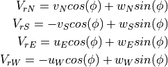 V_{rN} = v_{N}cos(\phi) + w_{N}sin(\phi) \\
V_{rS} = -v_{S}cos(\phi) + w_{S}sin(\phi) \\
V_{rE} = u_{E}cos(\phi) + w_{E}sin(\phi) \\
V_{rW} = -u_{W}cos(\phi) + w_{W}sin(\phi) \\